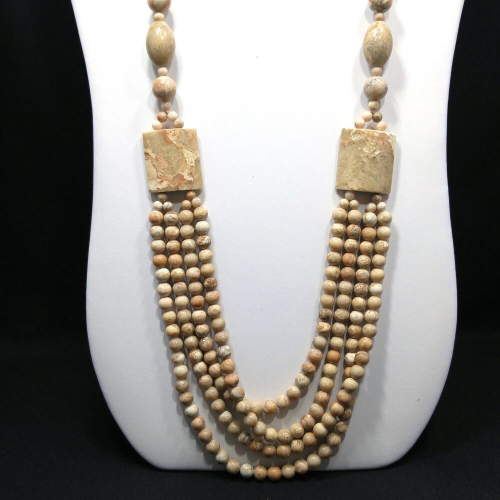 Gemstone Long Beaded Necklace, No Clasp, Four Strands in Front, 1970s Vintage